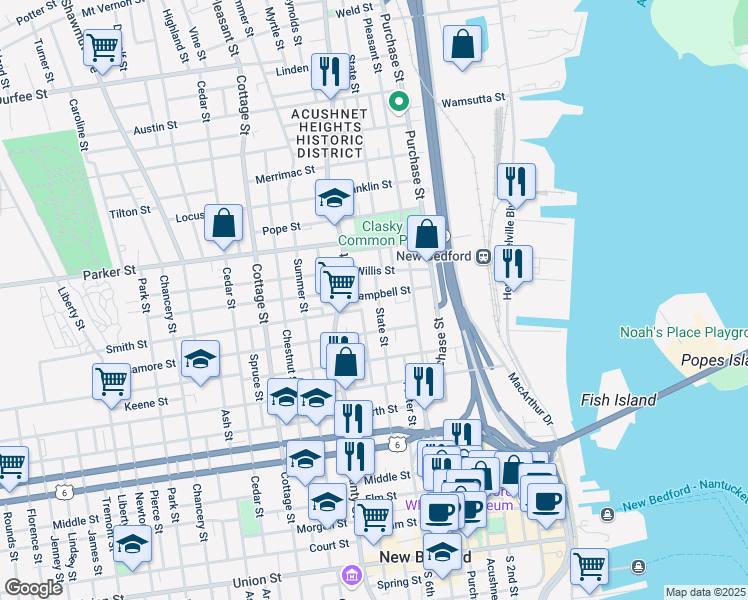 map of restaurants, bars, coffee shops, grocery stores, and more near 676 County Street in New Bedford