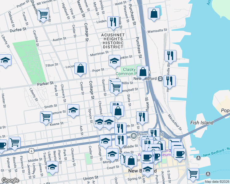 map of restaurants, bars, coffee shops, grocery stores, and more near 68 Willis Street in New Bedford