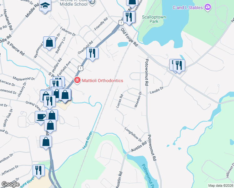 map of restaurants, bars, coffee shops, grocery stores, and more near 2 Ebony Drive in East Greenwich