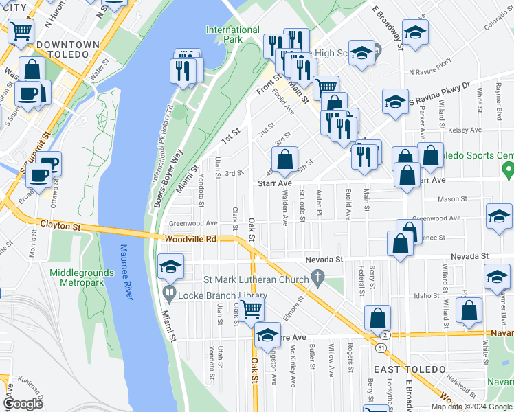 map of restaurants, bars, coffee shops, grocery stores, and more near 412 Potter Street in Toledo