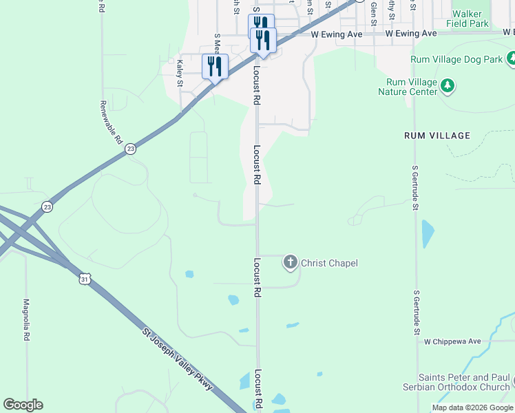 map of restaurants, bars, coffee shops, grocery stores, and more near 2614 Locust Road in South Bend