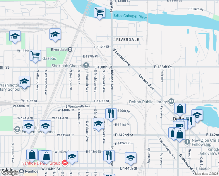 map of restaurants, bars, coffee shops, grocery stores, and more near 13837 South Edbrooke Avenue in Riverdale