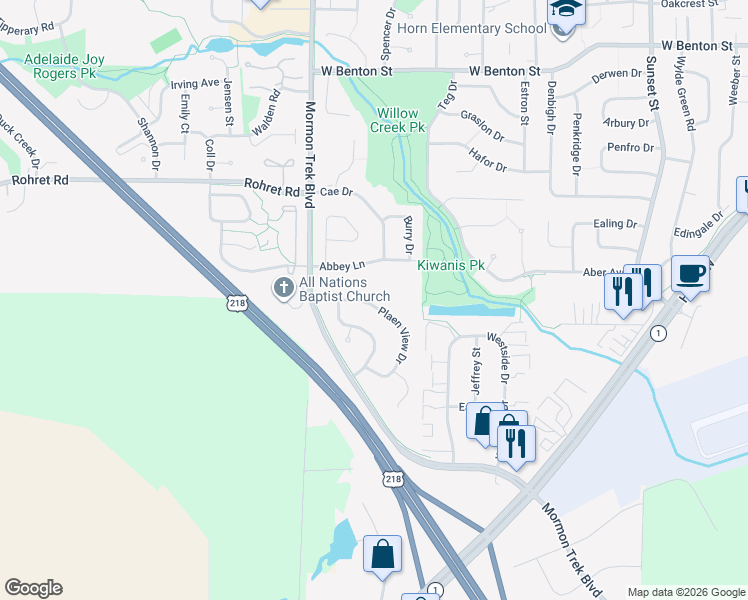 map of restaurants, bars, coffee shops, grocery stores, and more near 2241 Abbey Lane in Iowa City