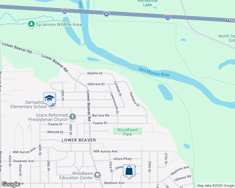 map of restaurants, bars, coffee shops, grocery stores, and more near 5001 Lyndale Drive in Des Moines