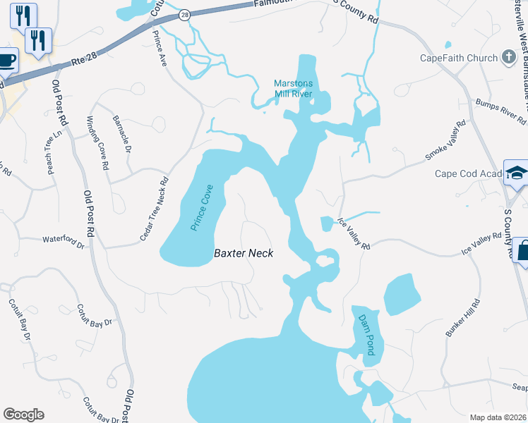map of restaurants, bars, coffee shops, grocery stores, and more near 464 Baxter Neck Road in Barnstable