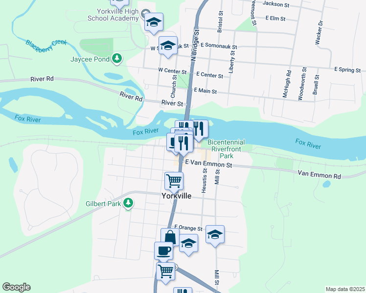 map of restaurants, bars, coffee shops, grocery stores, and more near Bridge Street Plaza & E Hydraulic St in Yorkville