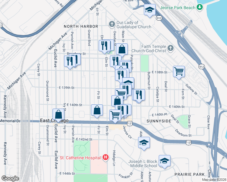 map of restaurants, bars, coffee shops, grocery stores, and more near 3825 Elm Street in East Chicago