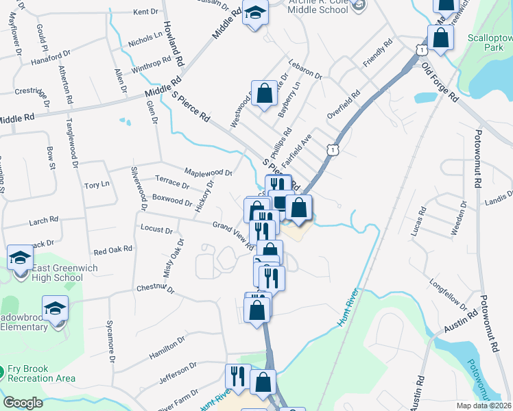 map of restaurants, bars, coffee shops, grocery stores, and more near 66 Cora Street in East Greenwich