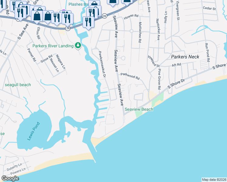 map of restaurants, bars, coffee shops, grocery stores, and more near 53 Parkers Neck Road in Yarmouth