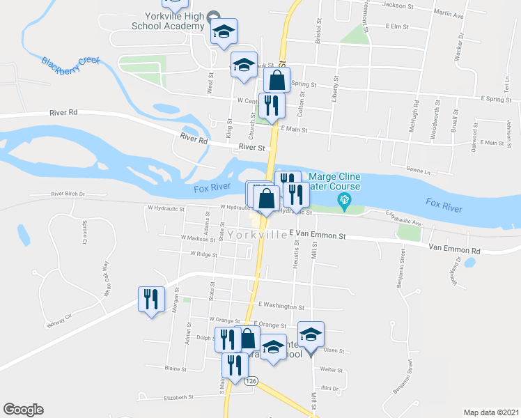 map of restaurants, bars, coffee shops, grocery stores, and more near 119 West Hydraulic Street in Yorkville