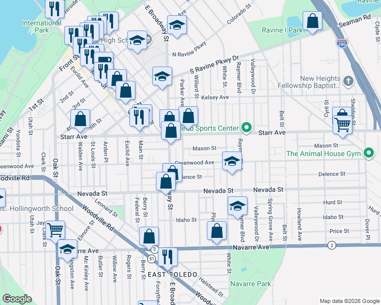 map of restaurants, bars, coffee shops, grocery stores, and more near 1121 Mason Street in Toledo