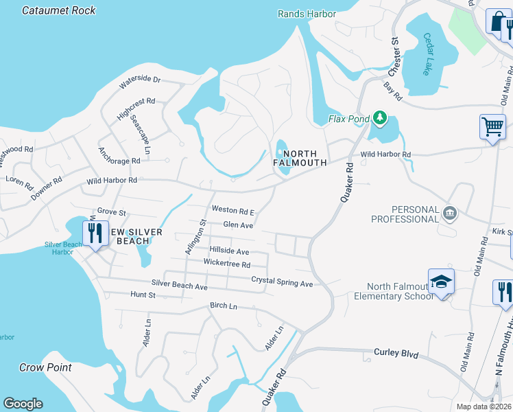 map of restaurants, bars, coffee shops, grocery stores, and more near 222 Wild Harbor Road in Falmouth