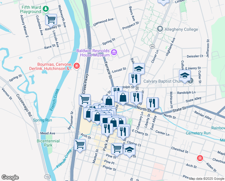 map of restaurants, bars, coffee shops, grocery stores, and more near 742 Terrace Street in Meadville