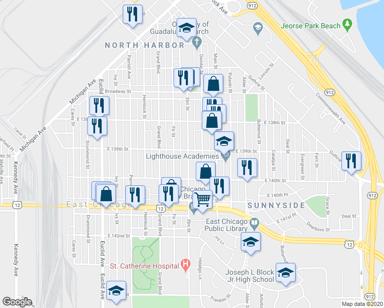 map of restaurants, bars, coffee shops, grocery stores, and more near 3903 Elm Street in East Chicago