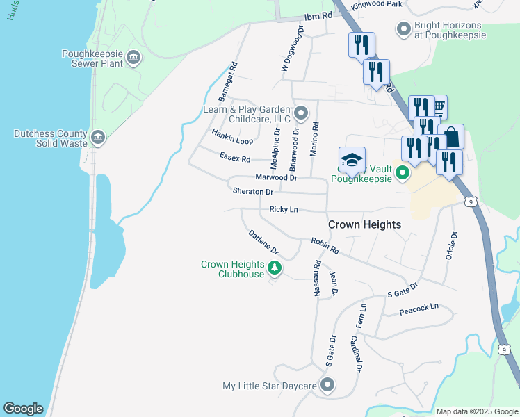 map of restaurants, bars, coffee shops, grocery stores, and more near 23 Ricky Lane in Poughkeepsie