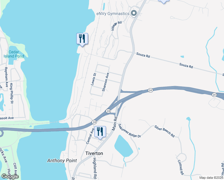 map of restaurants, bars, coffee shops, grocery stores, and more near 1215 Main Road in Tiverton