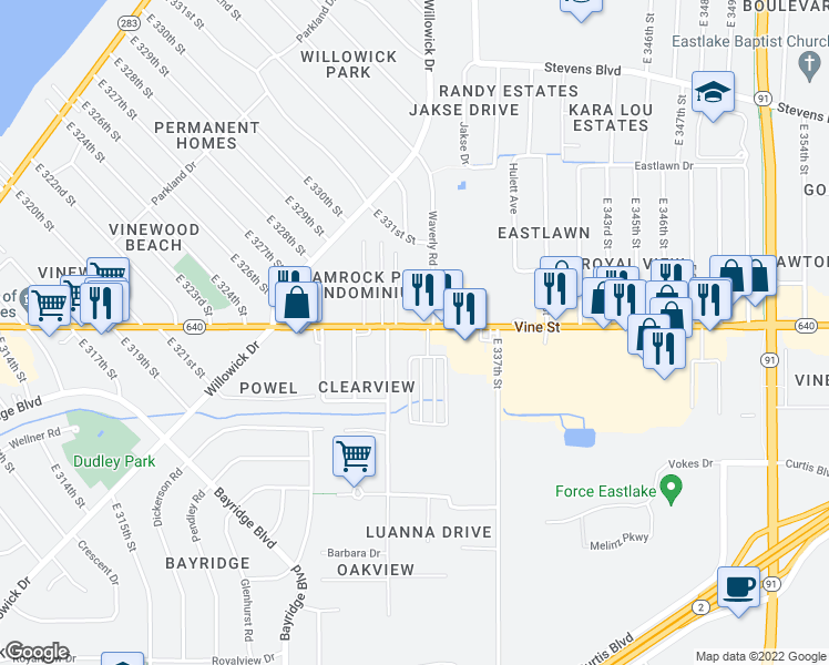 map of restaurants, bars, coffee shops, grocery stores, and more near 33330 Vine Street in Eastlake