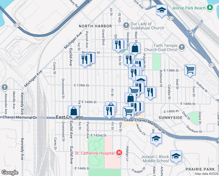 map of restaurants, bars, coffee shops, grocery stores, and more near 3904 Fir Street in East Chicago