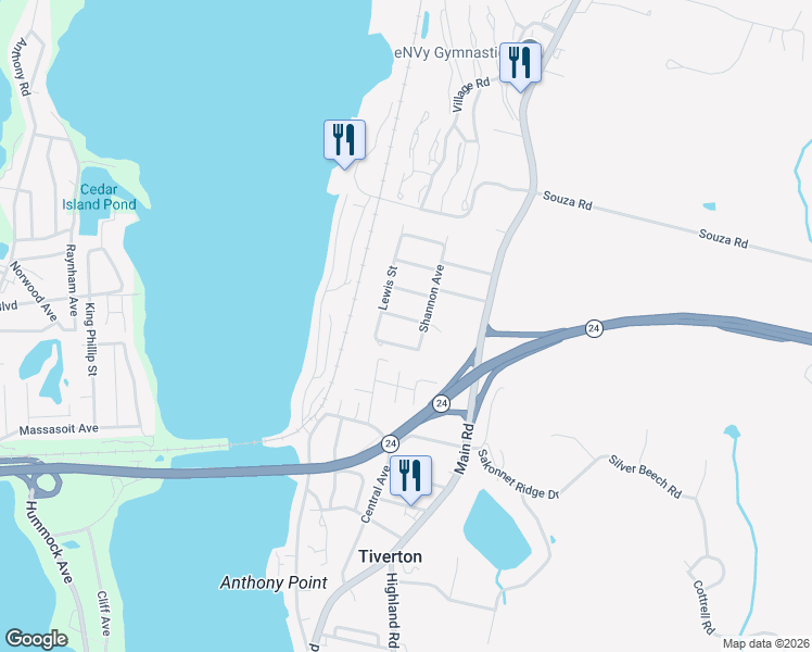 map of restaurants, bars, coffee shops, grocery stores, and more near 85 Shannon Avenue in Tiverton