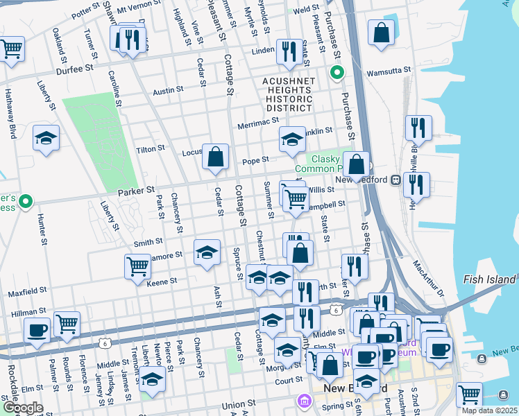 map of restaurants, bars, coffee shops, grocery stores, and more near 84 Willis Street in New Bedford