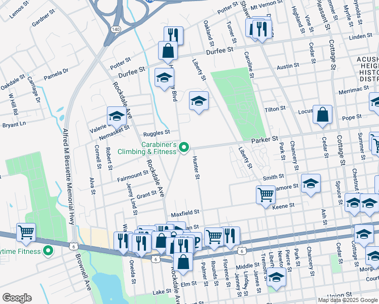 map of restaurants, bars, coffee shops, grocery stores, and more near 316 Parker Street in New Bedford