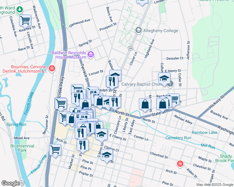map of restaurants, bars, coffee shops, grocery stores, and more near 725 North Main Street in Meadville