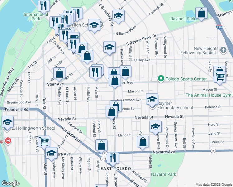 map of restaurants, bars, coffee shops, grocery stores, and more near 417 East Broadway Street in Toledo