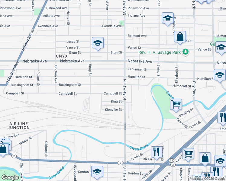 map of restaurants, bars, coffee shops, grocery stores, and more near 1063 Buckingham Street in Toledo