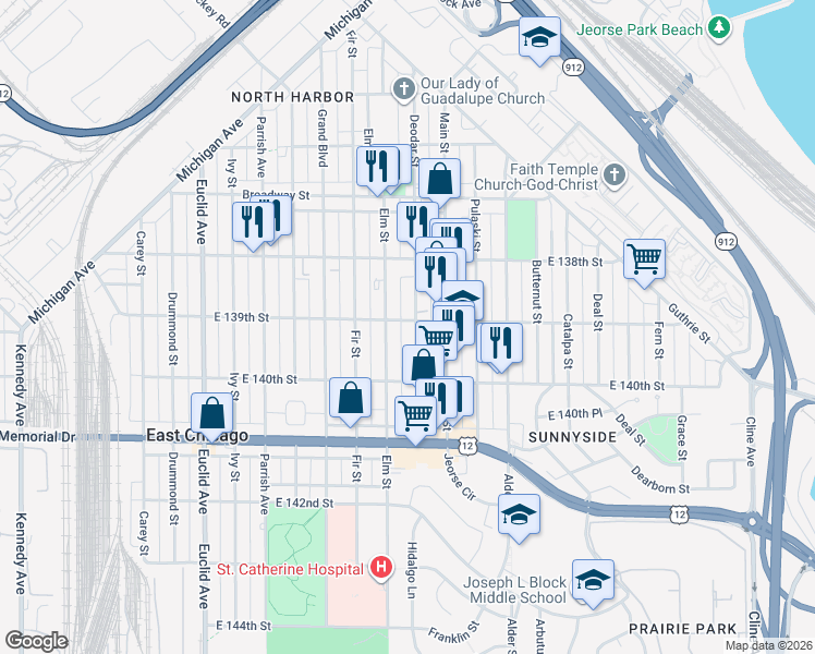 map of restaurants, bars, coffee shops, grocery stores, and more near 3825 Elm Street in East Chicago