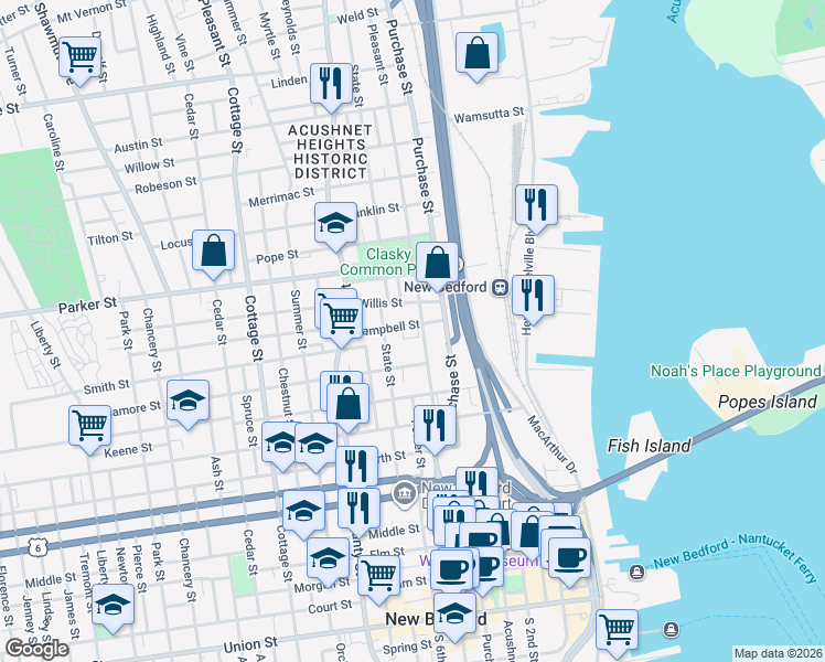 map of restaurants, bars, coffee shops, grocery stores, and more near 34 Willis Street in New Bedford