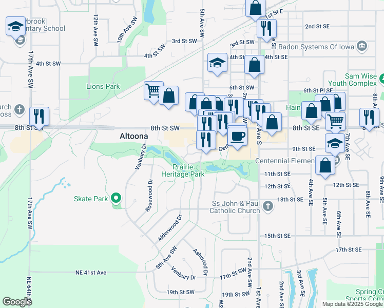 map of restaurants, bars, coffee shops, grocery stores, and more near 500 Kelsey Lane in Altoona