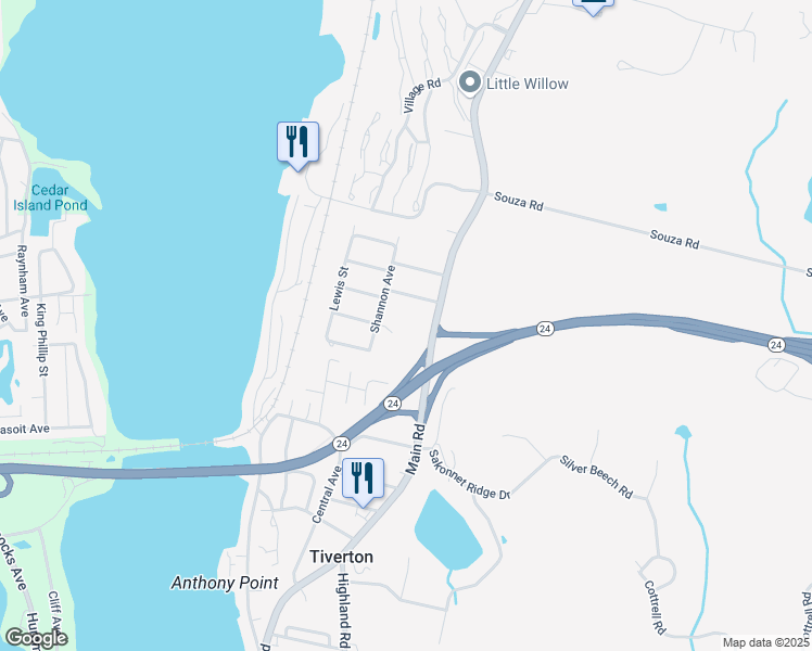 map of restaurants, bars, coffee shops, grocery stores, and more near 1215 Main Road in Tiverton