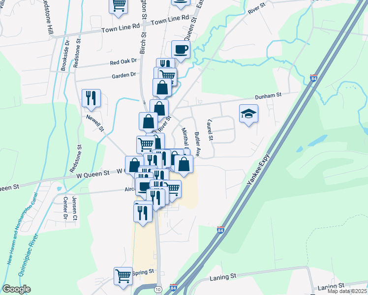 map of restaurants, bars, coffee shops, grocery stores, and more near 48 Minthal Drive in Southington