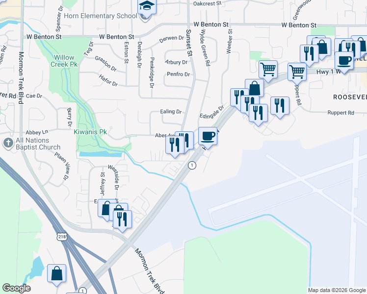 map of restaurants, bars, coffee shops, grocery stores, and more near 1304 Sunset Street in Iowa City