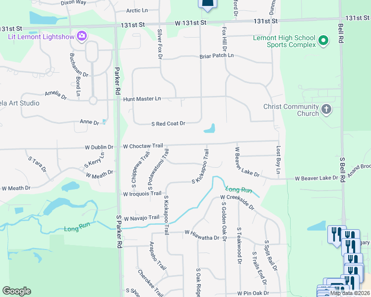 map of restaurants, bars, coffee shops, grocery stores, and more near 13335 West Choctaw Trail in Homer Glen