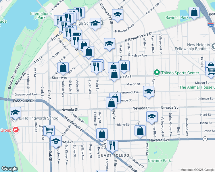 map of restaurants, bars, coffee shops, grocery stores, and more near 822 Starr Avenue in Toledo