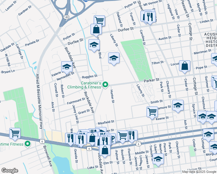 map of restaurants, bars, coffee shops, grocery stores, and more near 316 Parker Street in New Bedford