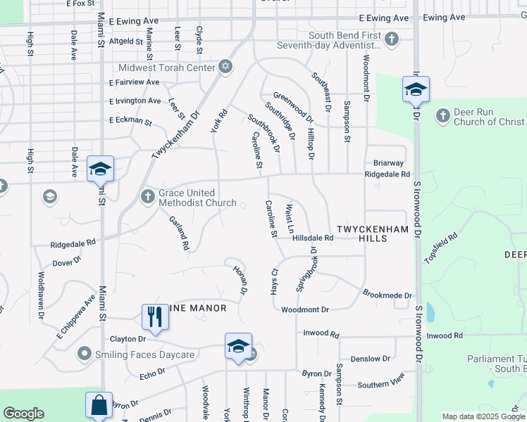 map of restaurants, bars, coffee shops, grocery stores, and more near 3104 Caroline Street in South Bend