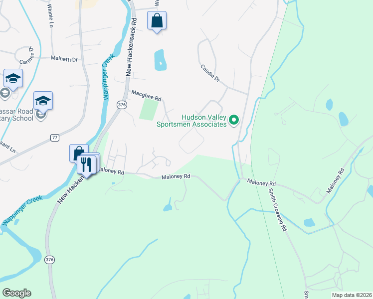 map of restaurants, bars, coffee shops, grocery stores, and more near 93 Macghee Road in Poughkeepsie