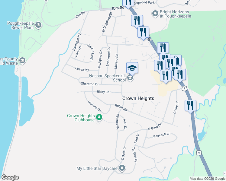 map of restaurants, bars, coffee shops, grocery stores, and more near 52 Sheraton Drive in Poughkeepsie