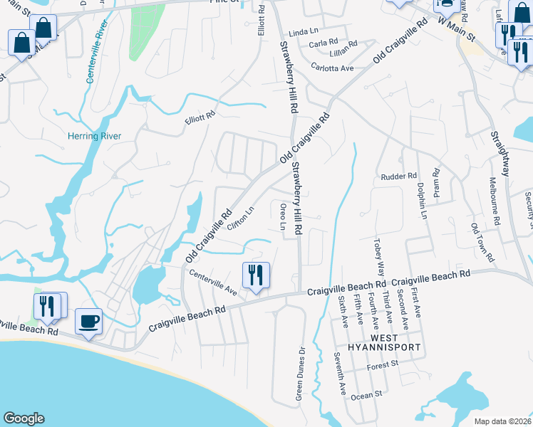 map of restaurants, bars, coffee shops, grocery stores, and more near 45 Ginger Lane in Barnstable