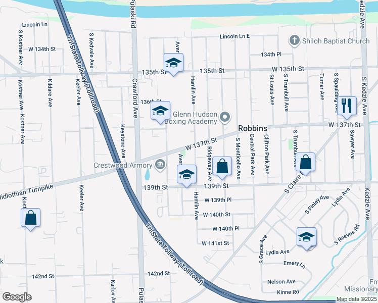 map of restaurants, bars, coffee shops, grocery stores, and more near 3804 West 137th Street in Robbins