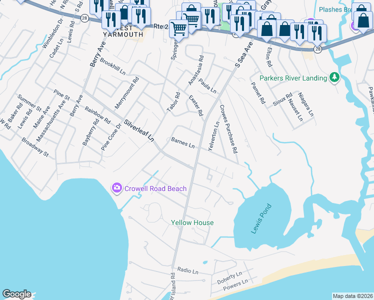 map of restaurants, bars, coffee shops, grocery stores, and more near 22 Barnes Lane in Yarmouth