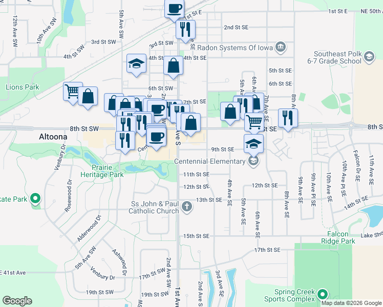 map of restaurants, bars, coffee shops, grocery stores, and more near 107 9th Street Southeast in Altoona