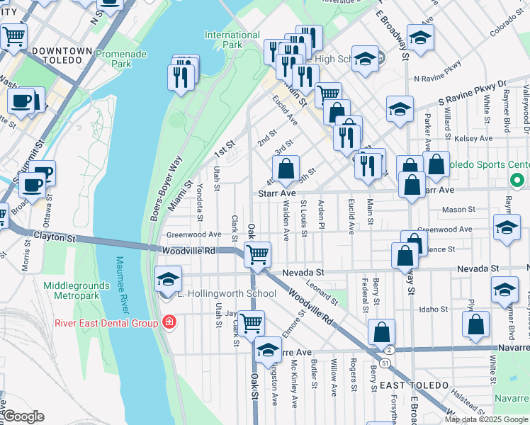 map of restaurants, bars, coffee shops, grocery stores, and more near 428 Potter Street in Toledo