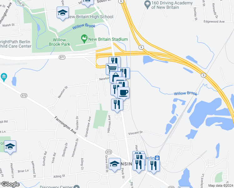 map of restaurants, bars, coffee shops, grocery stores, and more near 202 New Britain Road in Berlin