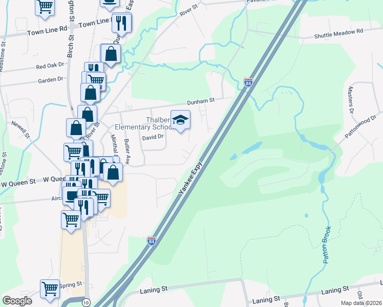 map of restaurants, bars, coffee shops, grocery stores, and more near 20 Jordan Court in Southington