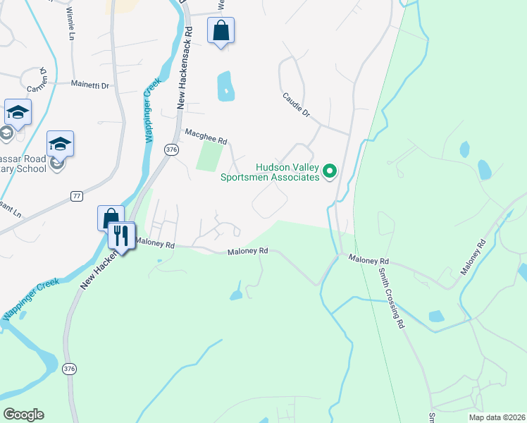 map of restaurants, bars, coffee shops, grocery stores, and more near 93 Macghee Road in Poughkeepsie