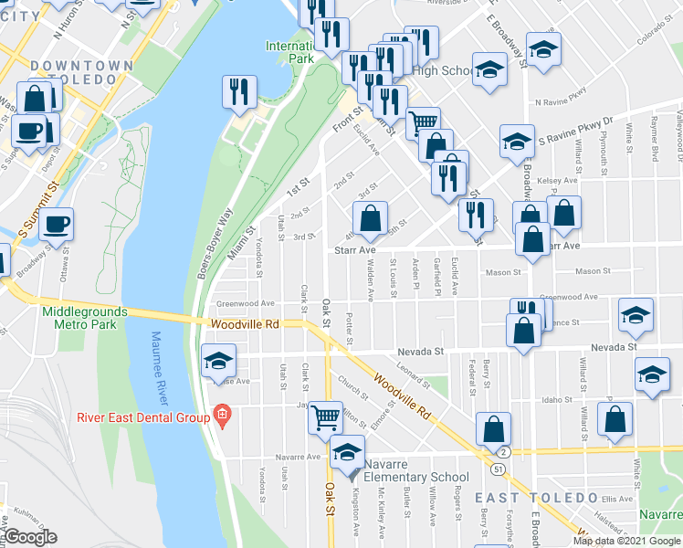 map of restaurants, bars, coffee shops, grocery stores, and more near 412 Potter Street in Toledo