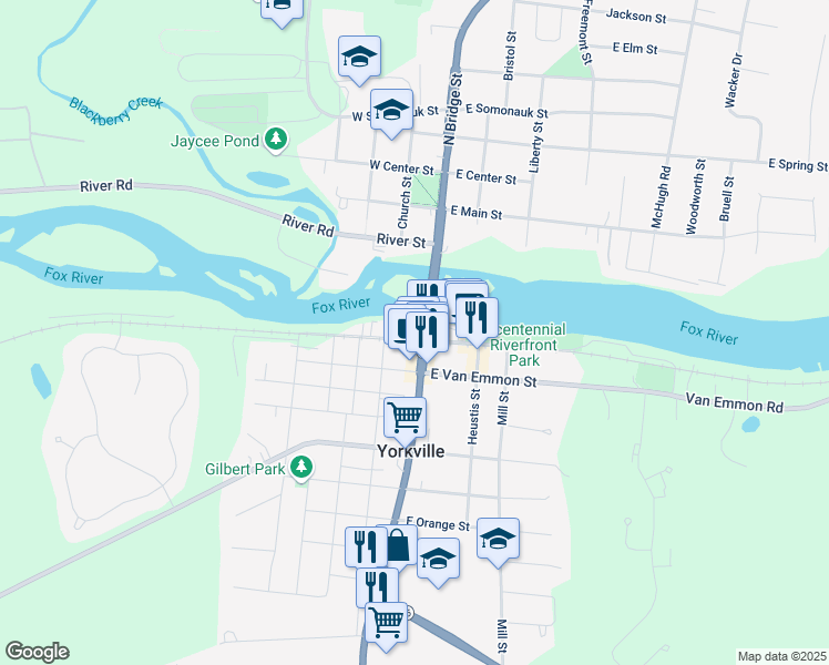 map of restaurants, bars, coffee shops, grocery stores, and more near 111 West Hydraulic Street in Yorkville